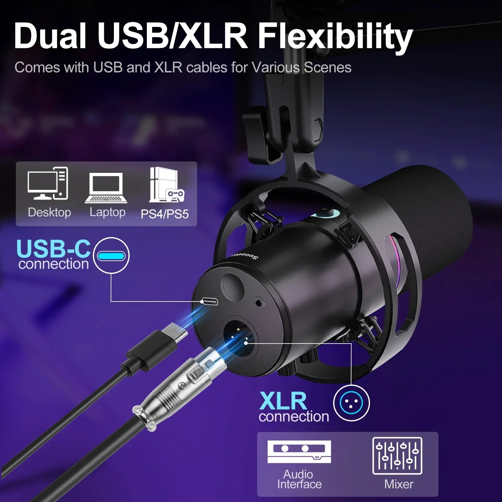 XLR/USB Dynamic Microphone Kit, PC Microphone for Streaming, Podcasting, Gaming, RGB, Mute and Noise Cancelling Function, Volume - Evallys.com
