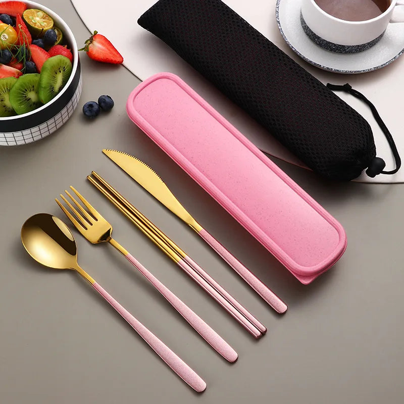 Portable Cutlery Set for Camping & Travel 4pcs Stainless Steel Knife, Fork, Spoon Kit with Storage Box