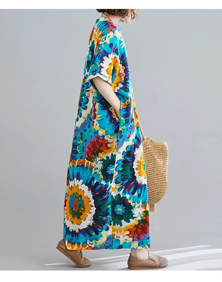Boho Floral Maxi Dress – Cotton Linen V-Neck Summer Beach Wear - Evallys.com