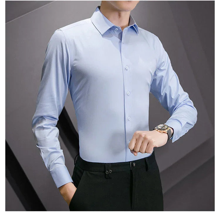 New Plus Size Men Solid Color Business Shirt Fashion Classic Basic Casual Slim White Long Sleeve Shirt Brand Clothes - Evallys.com