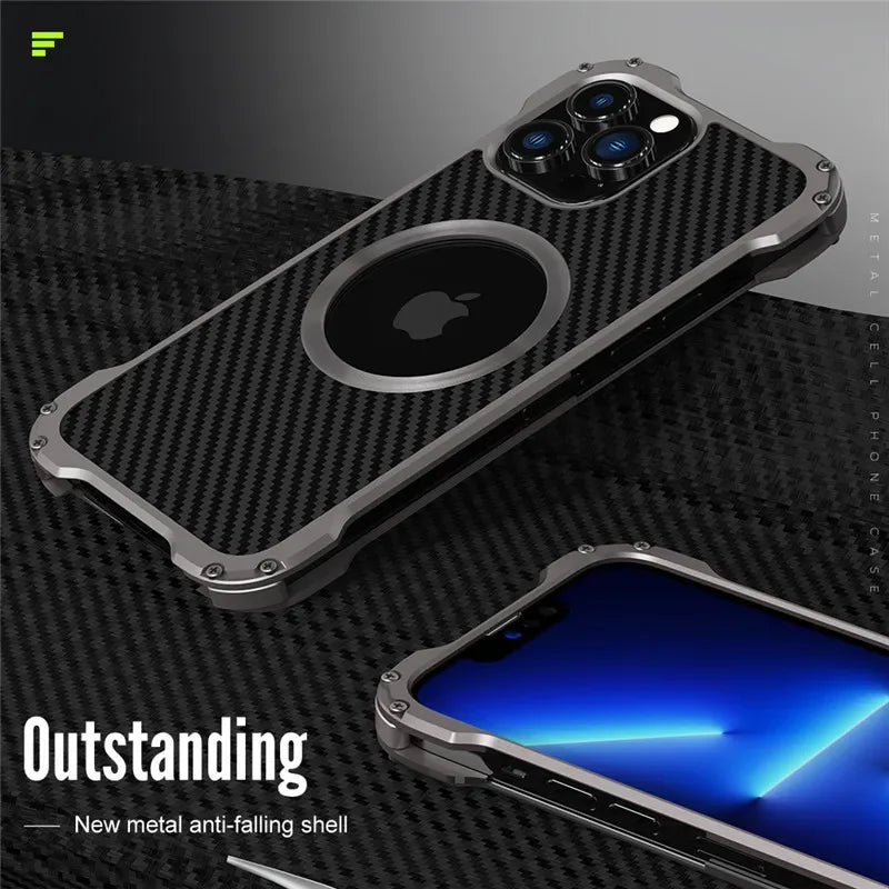 Carbon Fiber Lens Protection Phone Case for iPhone 14 Plus 12 13 Pro Max Mini Compatible with MagSafe Metal Bumpers Cover - Evallys.com