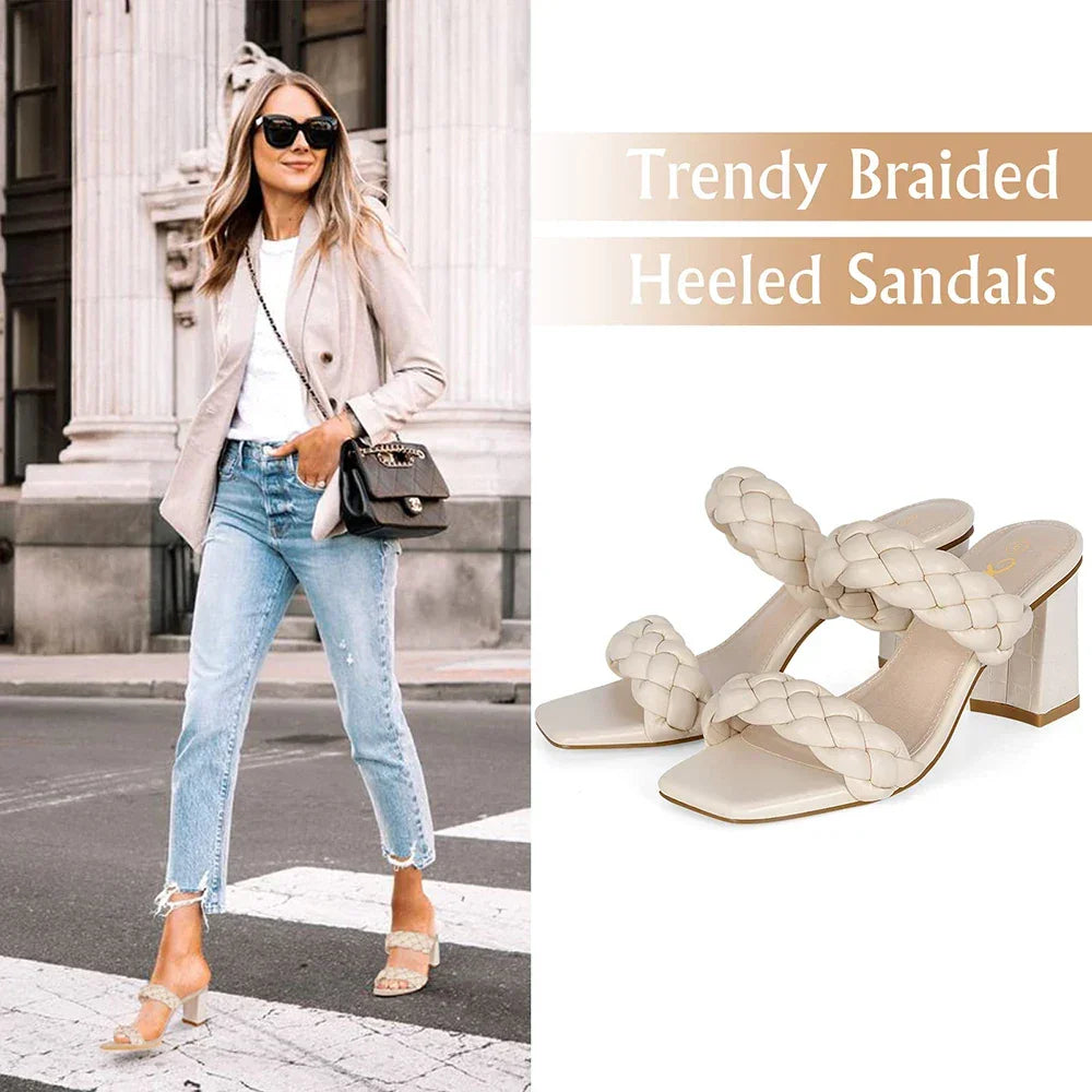 Elegant Women's Braided Heels Sandalias Fashion Strappy Square Sandals Open Toe Backless Mules Slip On Block Heeled Shoes - Evallys.com