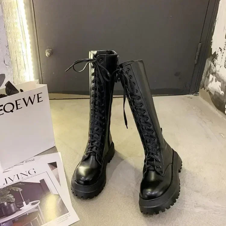 Women Motorcycle Boots Wedges Flat Shoes Woman High Heel Platform PU Leather Boots Lace Up Women Shoes Black Boots Girls2021 - Evallys.com