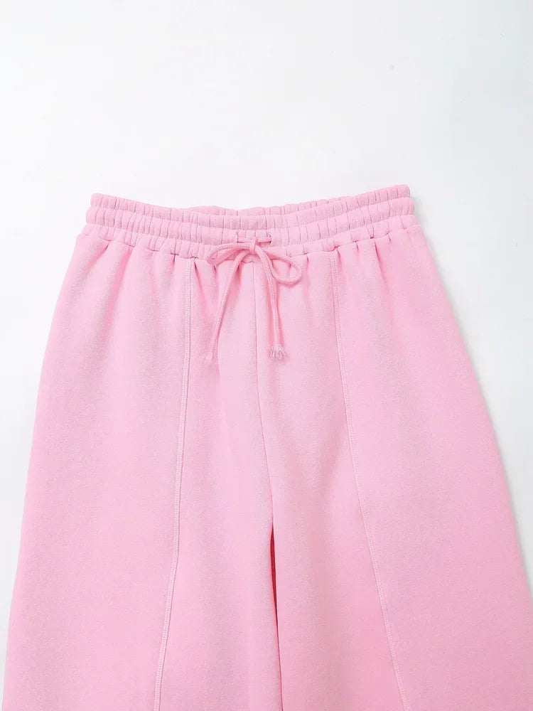 TRAF 2024 Spring Female Casual Hoodies Zipper Coats+Elastic Waist Baggy Pants 2 Pieces Set Elegant Loose Solid Pink Grey Pants - Evallys.com
