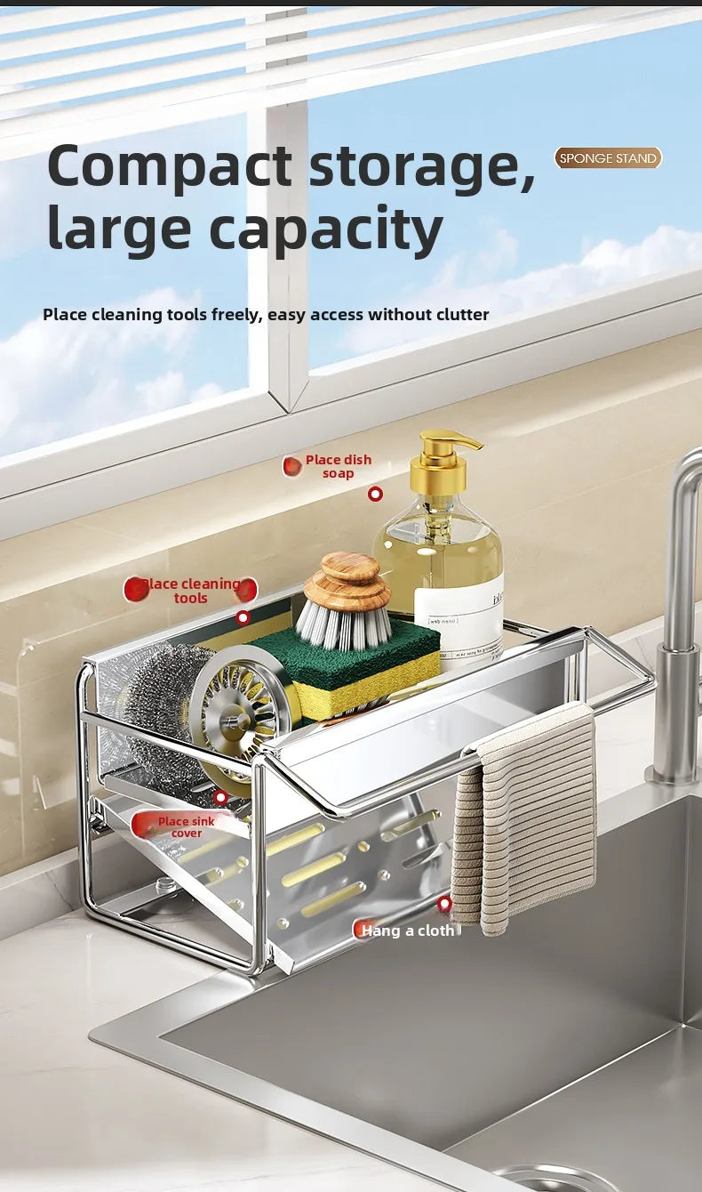 Stainless steel sponge rack sink drain rack Multifunctional countertop rag storage rack Sponge storage rack kitchen supplies