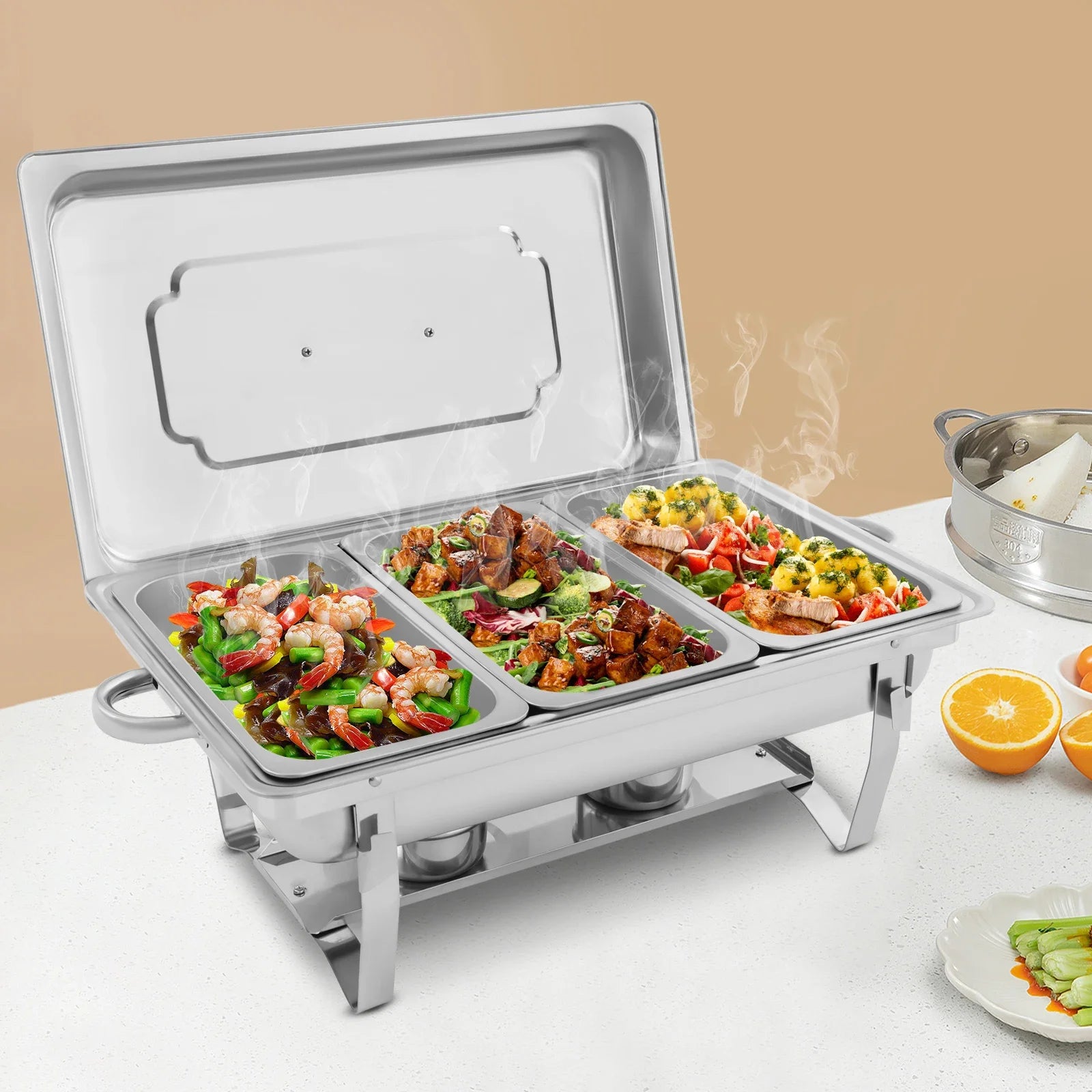 Chafing Dish Buffet Set,Gatherings Self-service Stove Food Plates,410 Stainless Steel Buffet Dishes Set,with 3 Food Compartments