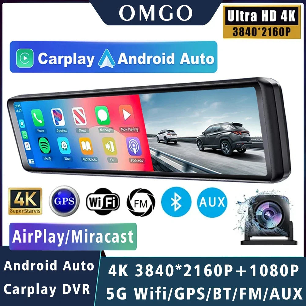 11.26" 4K 2160P Car Dvr Carplay Android Auto Dash Cam GPS WIFI BT FM Stream Rear View Mirror Dashcam Dvrs Camera Drive Recorder - Evallys.com
