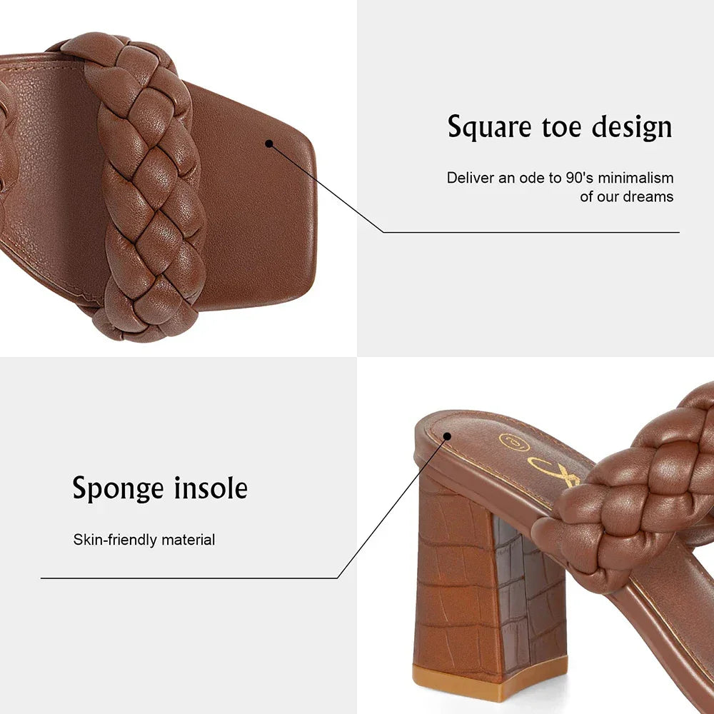 Elegant Women's Braided Heels Sandalias Fashion Strappy Square Sandals Open Toe Backless Mules Slip On Block Heeled Shoes - Evallys.com