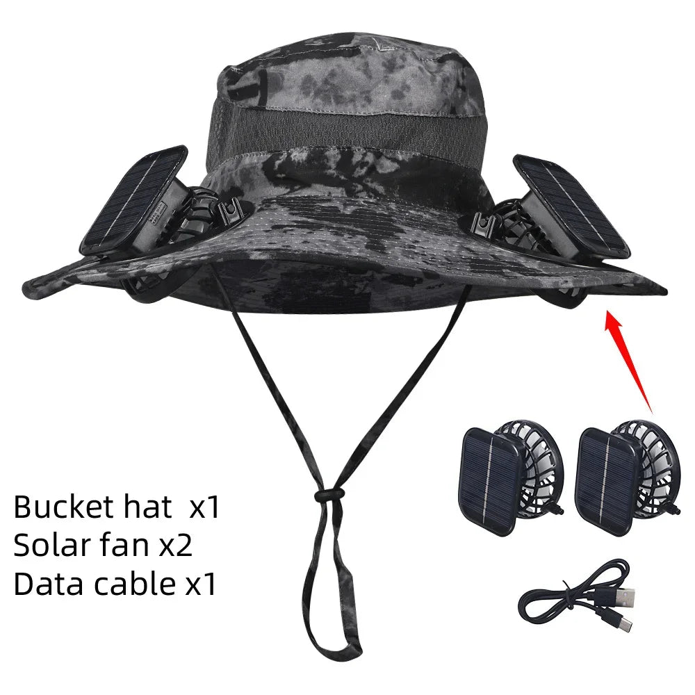 Solar Fan Sun Hat – Wide Brim Outdoor UV Protection Fishing Hat - Evallys.com