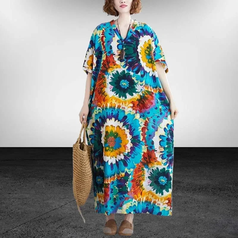 Boho Floral Maxi Dress – Cotton Linen V-Neck Summer Beach Wear - Evallys.com