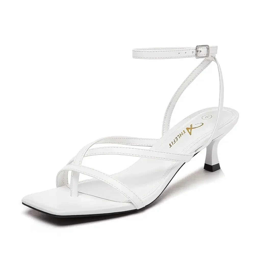 Women's Strappy Kitten Heels Square Toe Flip Flops Low Heels Ankle Strap Party Dress Thong Heeled Sandals - Evallys.com