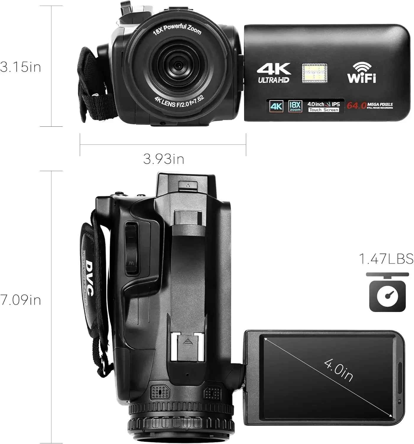 UHD 4k Video Camera Camcorder with 18X Digital Zoom,64MP Digital Camera Recorder,4.0-inch Rotating Touchscreen,64GB SD Card,Micr - Evallys.com
