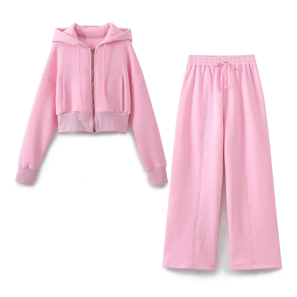 TRAF 2024 Spring Female Casual Hoodies Zipper Coats+Elastic Waist Baggy Pants 2 Pieces Set Elegant Loose Solid Pink Grey Pants - Evallys.com
