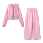 TRAF 2024 Spring Female Casual Hoodies Zipper Coats+Elastic Waist Baggy Pants 2 Pieces Set Elegant Loose Solid Pink Grey Pants - Evallys.com
