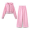 TRAF 2024 Spring Female Casual Hoodies Zipper Coats+Elastic Waist Baggy Pants 2 Pieces Set Elegant Loose Solid Pink Grey Pants - Evallys.com