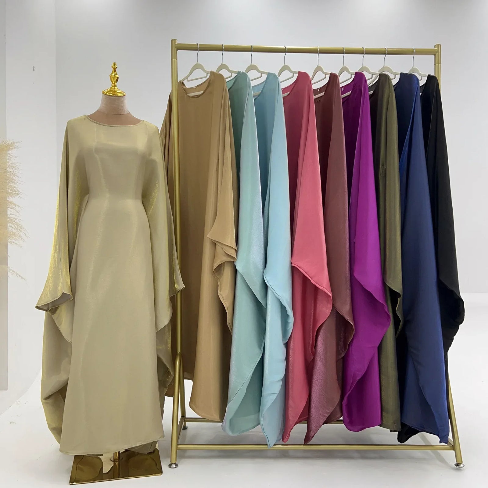 Eid Ramadan Batwing Butterfly Satin Abaya Dubai Luxury Muslim Kaftan Maxi Dress Women Kebaya Robe Caftan Marocain Femme Vestidos - Evallys.com