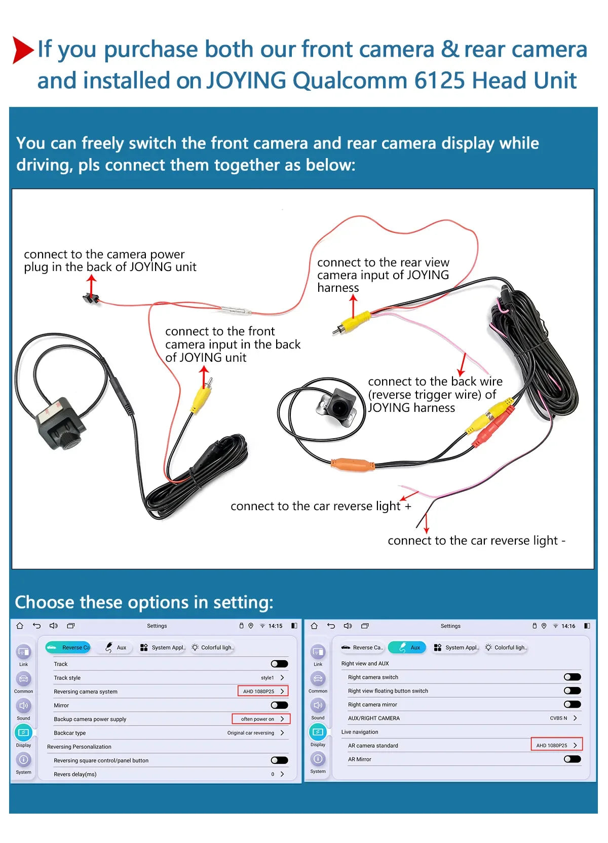 JOYING Newest AR front Camera Or Rear Camera Reversing Backup View Camera Parking Assist Wide Dynamic Range Full 1080P Display - Evallys.com