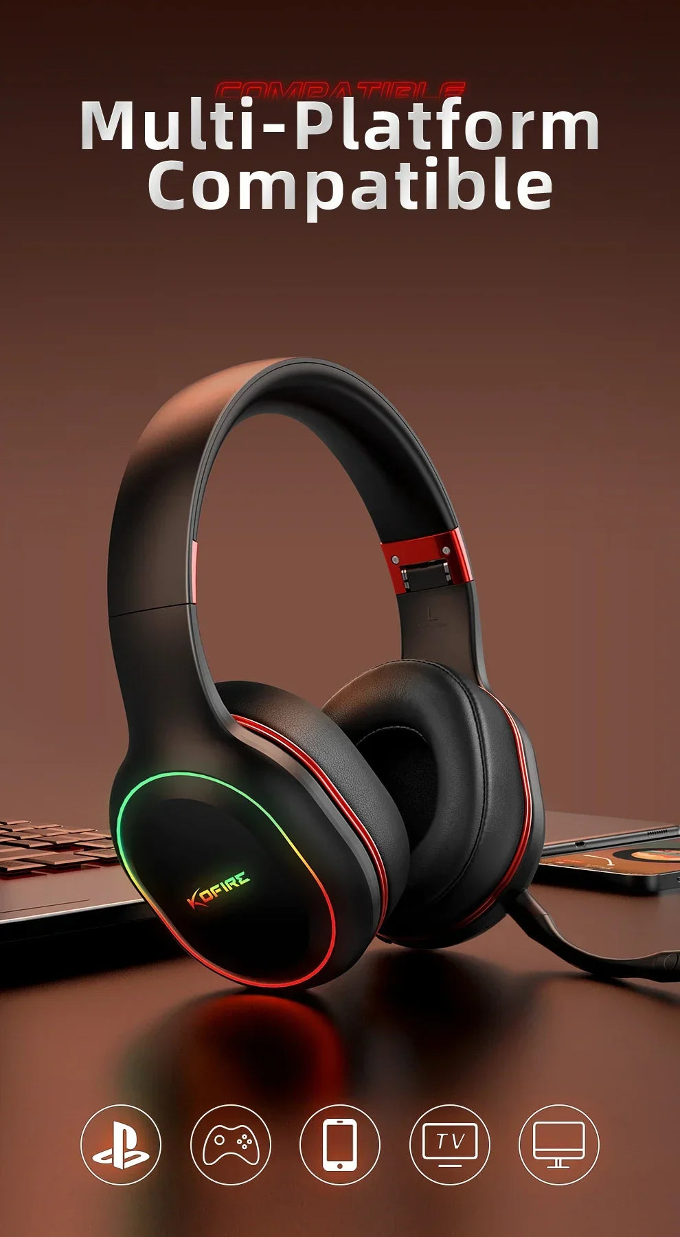 Kofire UG-05 Gaming Headphones 2.4G BT5.0 Wireless Headset With Mic RBG Light Vibration Bluetooth Earphone For PS4 PS5 PC Switch - Evallys.com