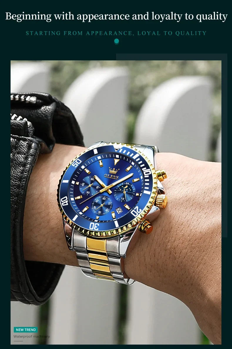 OLEVS Men's Watches Top Brand Luxury Watch for Men Original Waterproof Stainless Steel Chronograph Moon Phase Date Rota Dial - Evallys.com