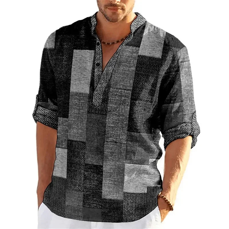Patchwork 3D Print Color Block Henley Shirts Men's Fashion Vintage Stand Collar Long Sleeve Shirt Male Tops Blouse Man Clothing - Evallys.com