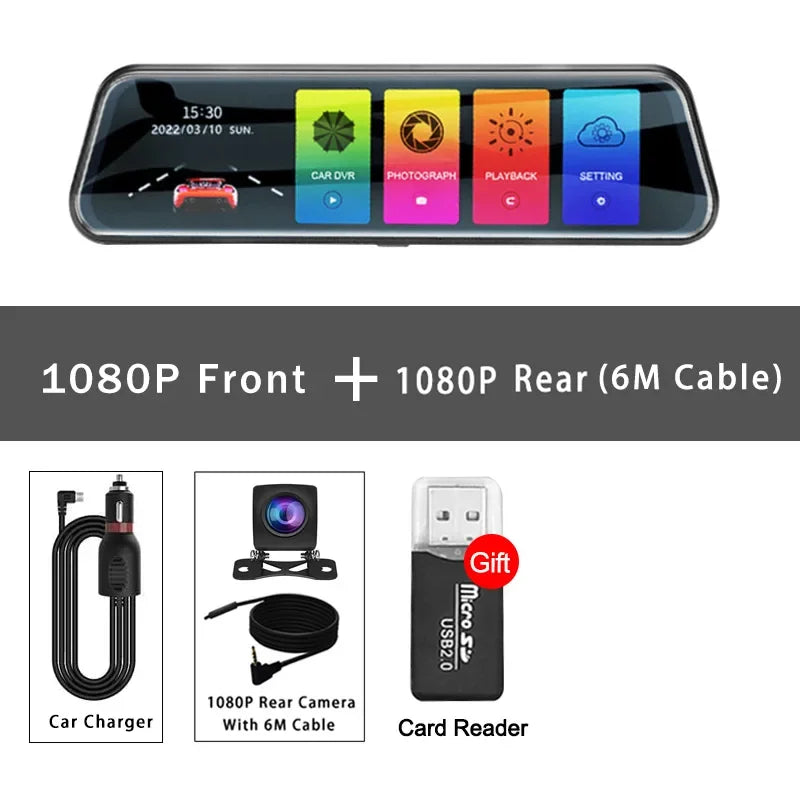 10 Inch Mirror Camera for Car Touch Screen Video Recorder Rearview mirror Dash Cam Front and Rear Camera Mirror DVR Black Box - Evallys.com