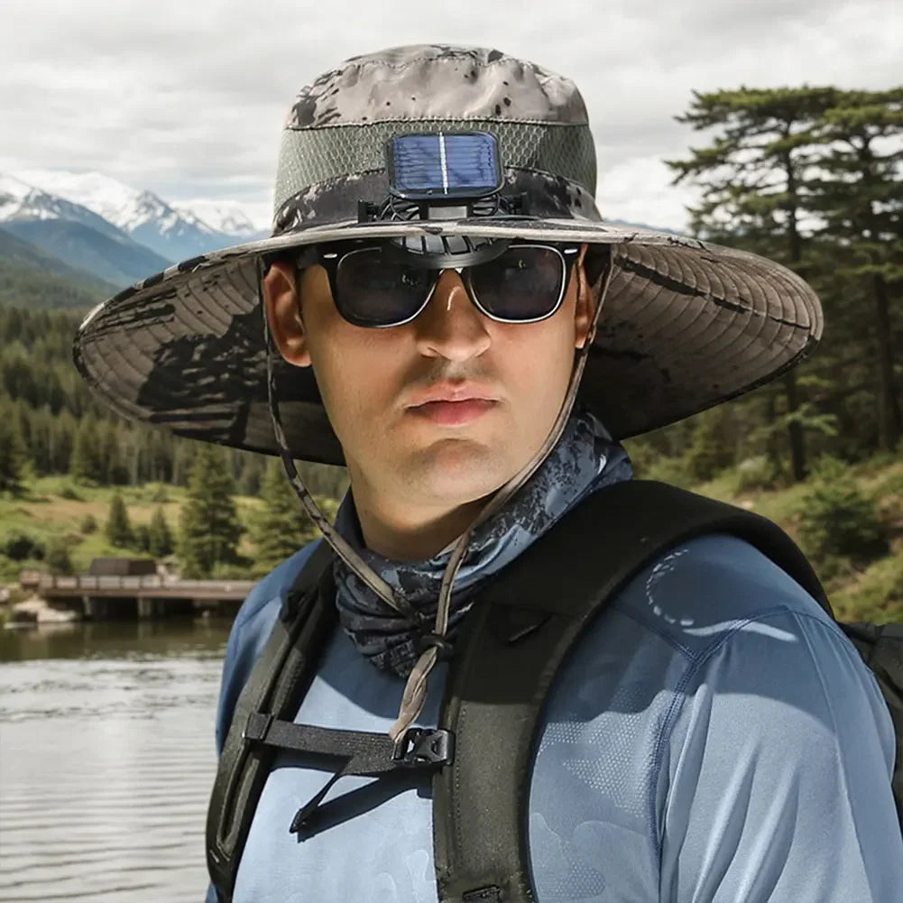 Solar Powered UV Protection Hat – Fan Cooling Wide Brim Cap - Evallys.com