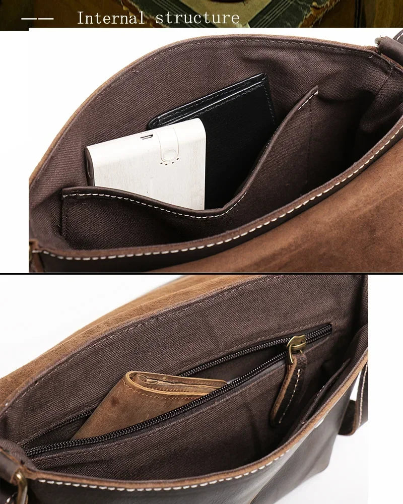 Crazy Horse Leather Men's Shoulder Bag Genuine Leather Small Bag Crossbody Cowhide Bag for Man High Quality Men Satchel Bags - Evallys.com
