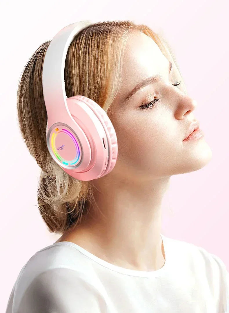 RGB Bluetooth Wireless Headphones For Girls Children's Headset with Microphone Support SD Card HIFi Stereo Gaming Earphone - Evallys.com