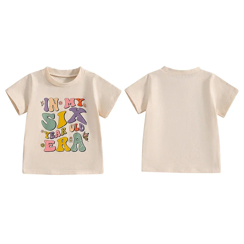 2024-04-05 Lioraitiin Summer Kids Girls Birthday T-Shirts Letter Print O-Neck Short Sleeve Birthday Shirts Casual Toddler Tops - Evallys.com