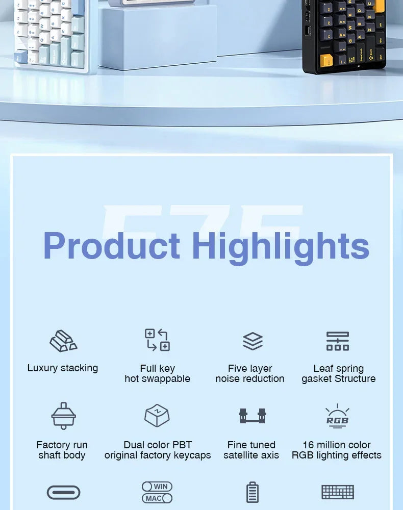 AULA F75 2.4G Wireless/Bluetooth/Wired Gaming Mechanical Keyboard RGB Customized 75% Layout Cherry Profile Gasket Structure - Evallys.com