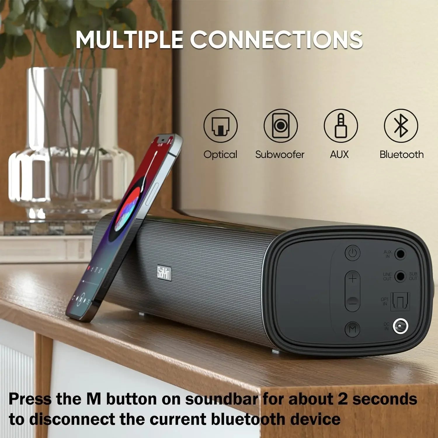 Saiyin Sound Bars for Tv, 40 Watt Small Tv Sound Bars, Surround Sound System Tv Sound Bors, with Bluetooth/Fiber Optic/Aux Connection, Suitable for Pc/Game/ Projector, 17inch - Evallys.com