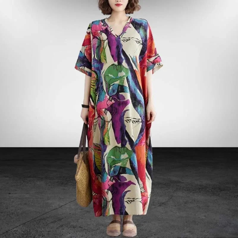 Oversized Cotton Linen Floral Maxi Dress – Vintage Boho Summer Wear - Evallys.com