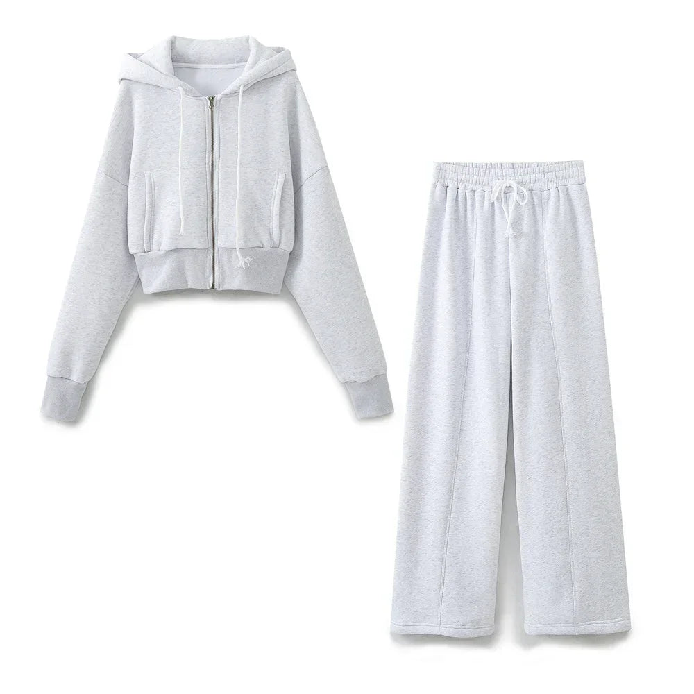 TRAF 2024 Spring Female Casual Hoodies Zipper Coats+Elastic Waist Baggy Pants 2 Pieces Set Elegant Loose Solid Pink Grey Pants - Evallys.com