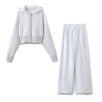 TRAF 2024 Spring Female Casual Hoodies Zipper Coats+Elastic Waist Baggy Pants 2 Pieces Set Elegant Loose Solid Pink Grey Pants - Evallys.com