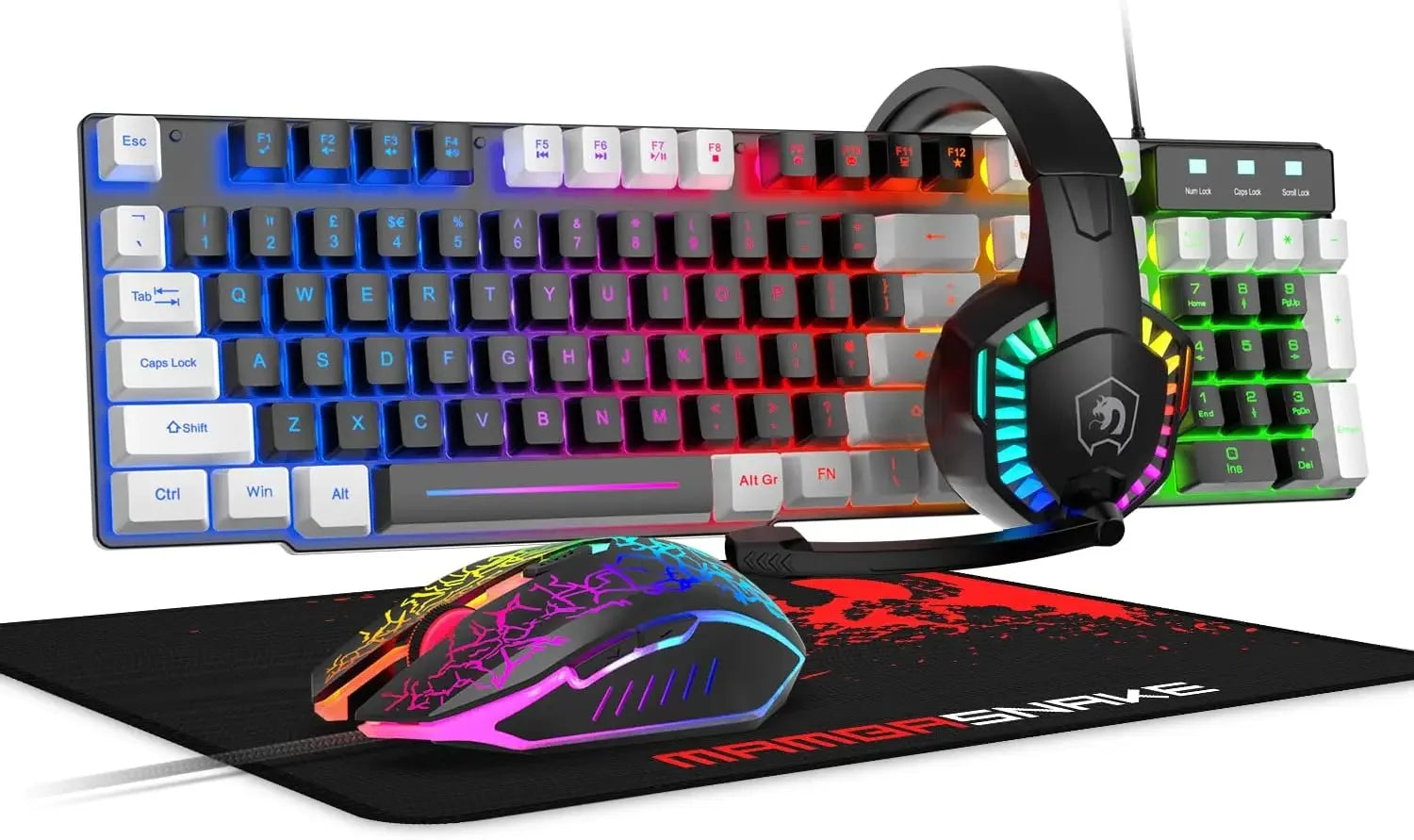 MANBASNAKE T11 Wired Gaming Keyboard and Mouse Headset Combo,Rainbow LED Backlit Wired Keyboard - Evallys.com