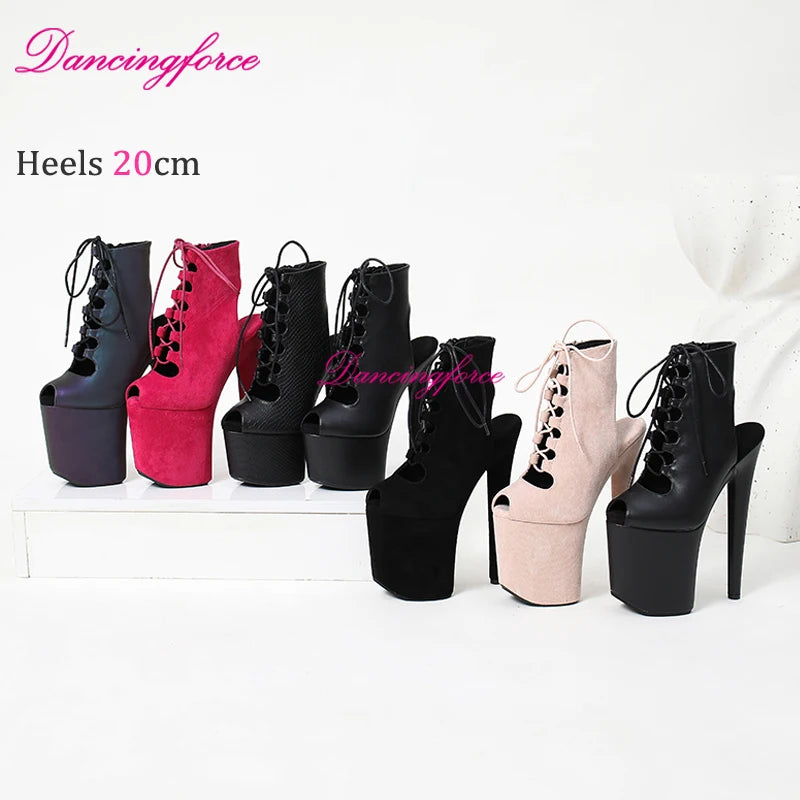 20cm/8Inches Sexy Pole Dance Shoes Women Catwalk Nightclub Strip Gladiator Sandals Lace-up Lady Suede Matte Short Booties