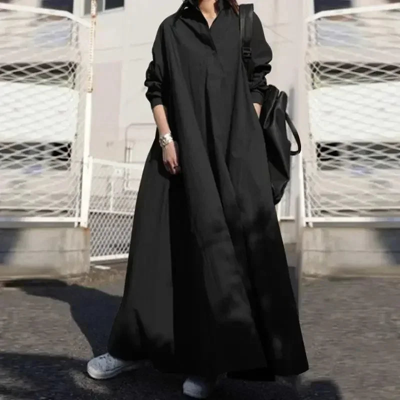 Vintage Cotton Linen Shirt Dress Women’s Autumn Long Maxi Robe - Evallys.com