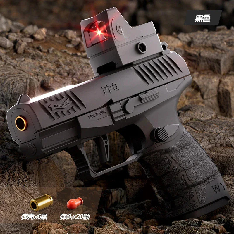 Small Black Toy Gun Mini PPQ Continuous Firing Shell Throwing Gun Model Soft Bullet Launcher BlowBack Airsoft Pistol for Kids - Evallys.com