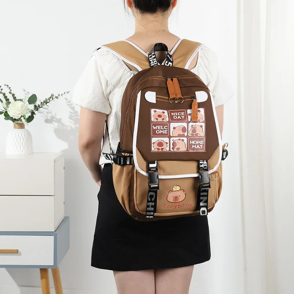 Cartoon Capybara Backpack with Pencil Case Cute Kawaii Backpack Large Laptop Backpack Aesthetic Rucksack for Kids Girls Boys - Evallys.com