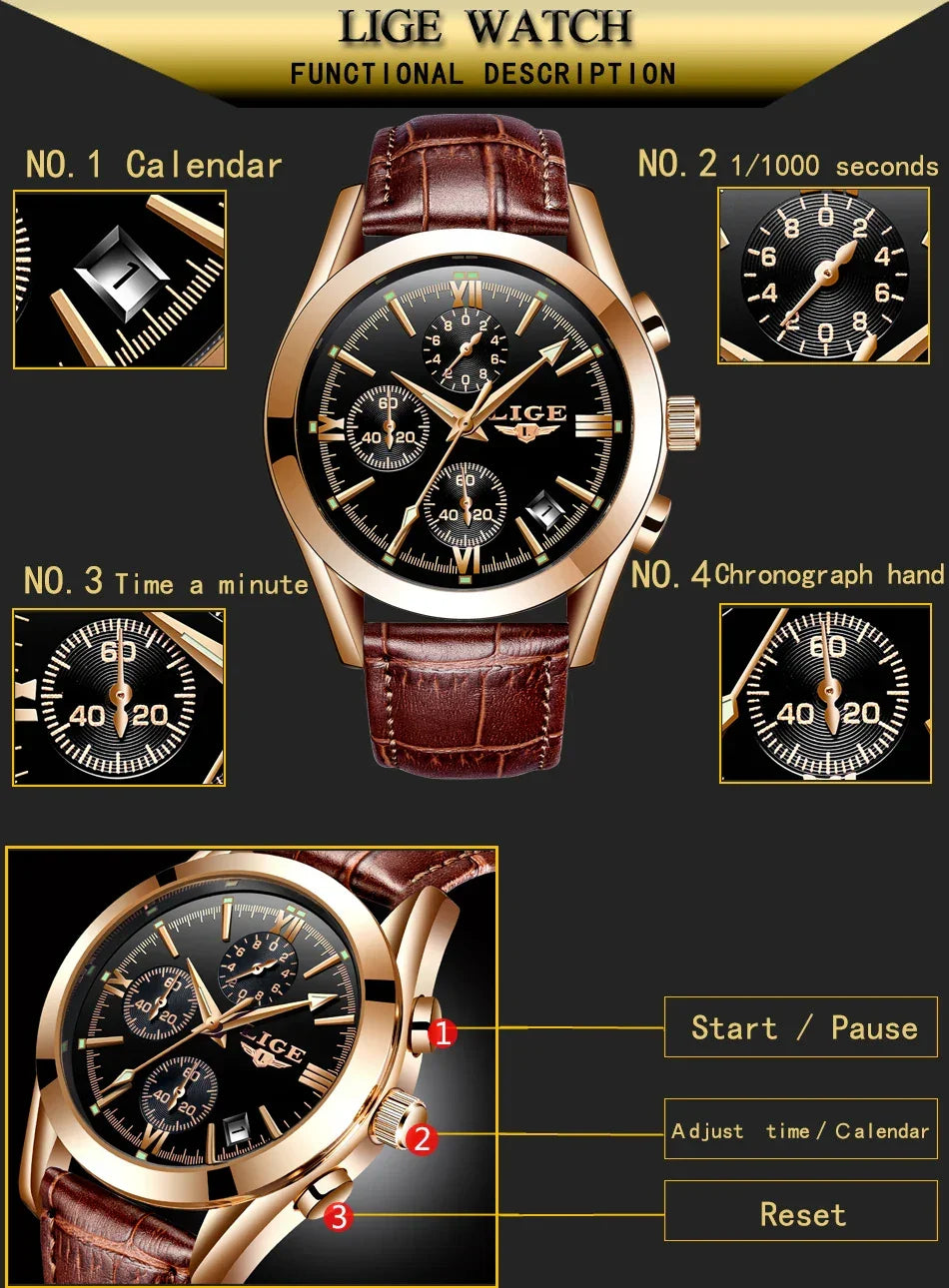 LIGE Men Watch Top Brand Luxury Waterproof Luminous Sport Wristwatch Quartz Military Genuine Leather Relogios Masculino+Box - Evallys.com