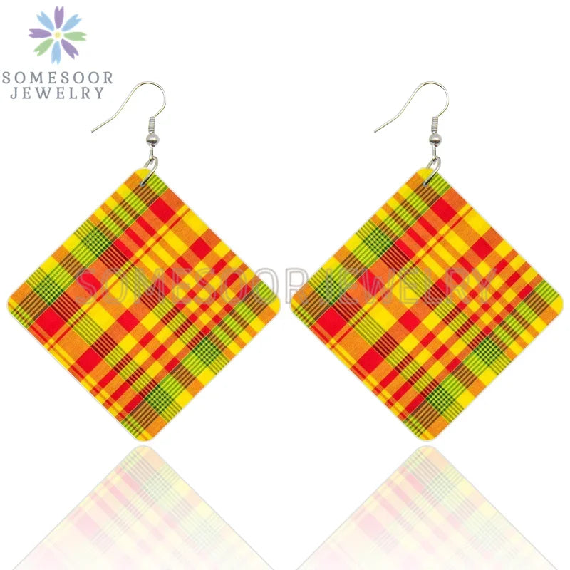 SOMESOOR Madras & Plaid Fabric Design Wooden Drop Earrings Afro Ethnic Headwrap Pattern Print Ear Dangle Jewelry For Women Gifts - Evallys.com