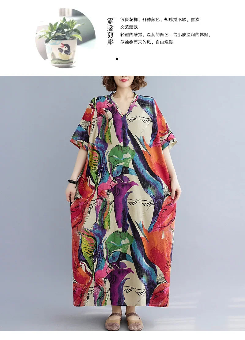 Vintage Floral Cotton Linen Maxi Dress – Oversized Boho Summer Wear - Evallys.com