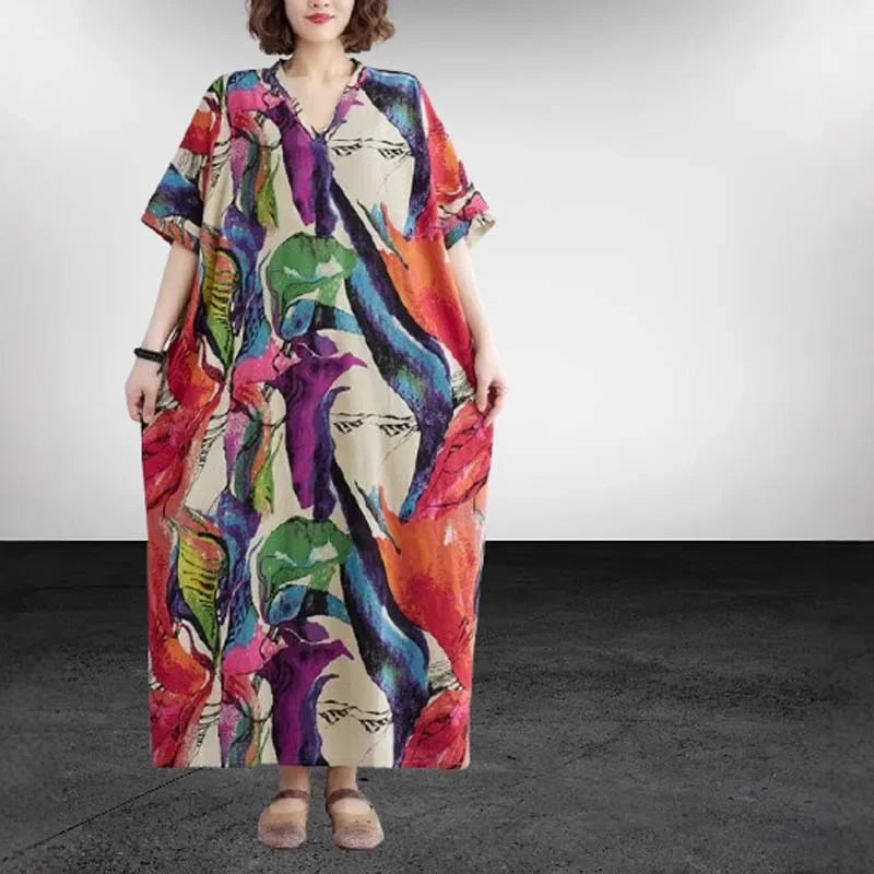 Oversized Cotton Linen Floral Maxi Dress – Vintage Boho Summer Wear - Evallys.com