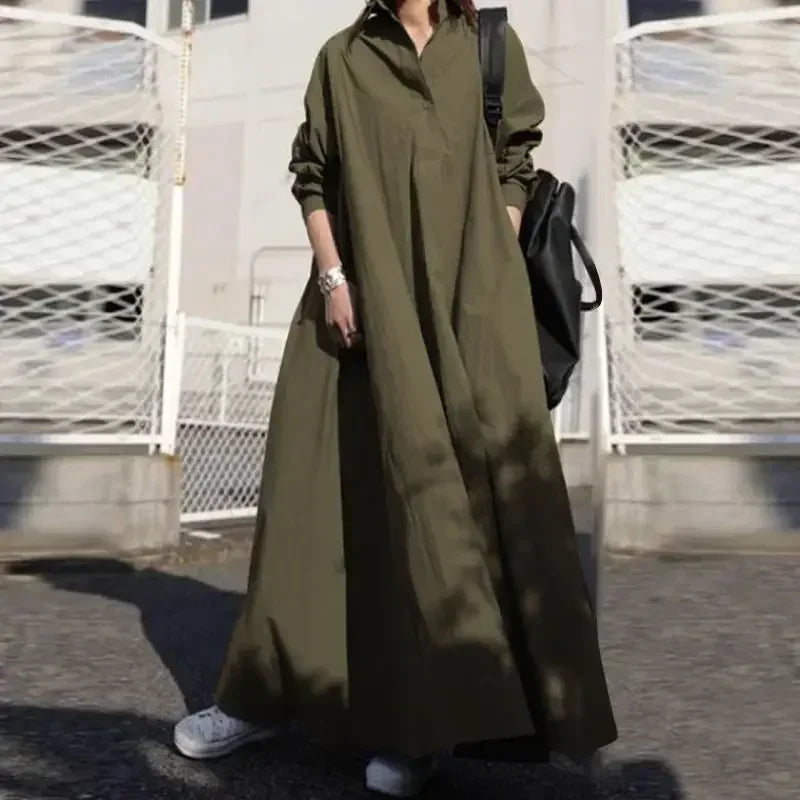 Vintage Cotton Linen Shirt Dress Women’s Autumn Long Maxi Robe - Evallys.com
