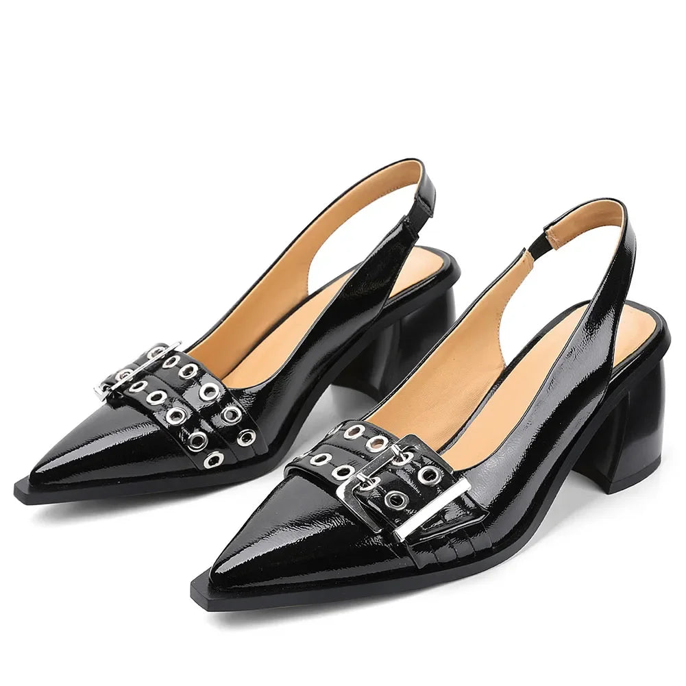 Women's Slingback Heels Block Chunky Heel Comfortable Pointed Toe Pumps Wide Metal Buckle Strap Office Party Dress Shoes Woman - Evallys.com
