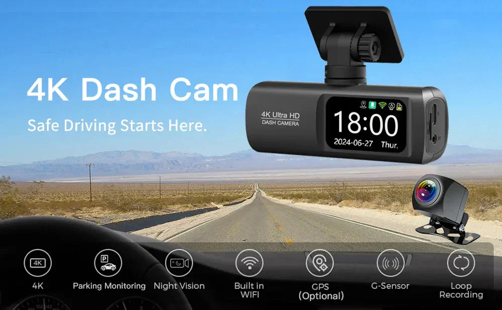 UHD 4K Dash Cam Dual Lens Driving Recorder Car DVR 1080P Rear Lens Camera Built-In WiFi GPS 24-Hour Parking Monitoring Black Box - Evallys.com