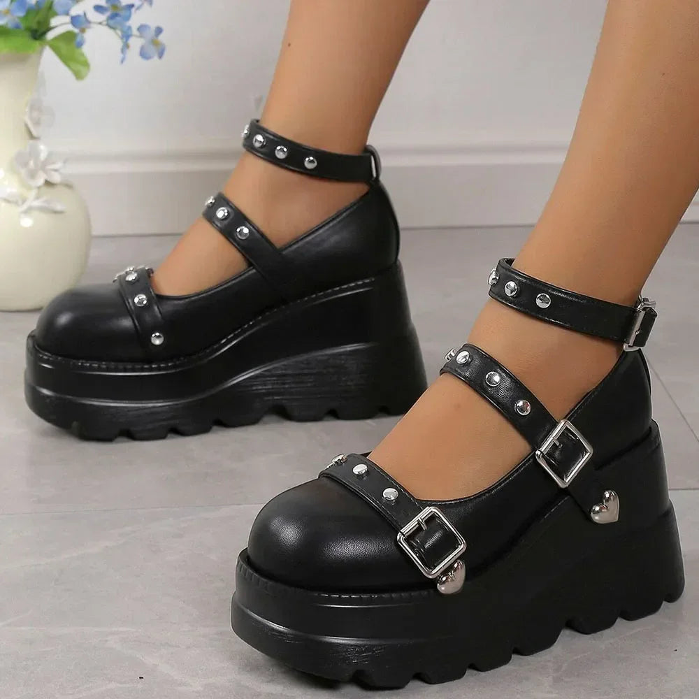 DoraTasia Retro INS Black Round Toe Heel Studded Punk Nightclub Ladies Mary Jane Y2 Lace Buckle Lolita Women's Shoes - Evallys.com