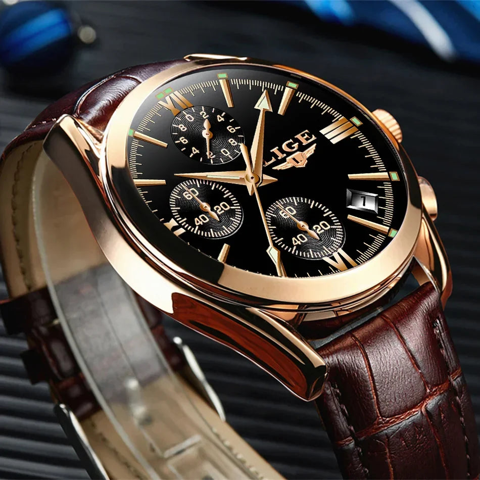 LIGE Men Watch Top Brand Luxury Waterproof Luminous Sport Wristwatch Quartz Military Genuine Leather Relogios Masculino+Box - Evallys.com