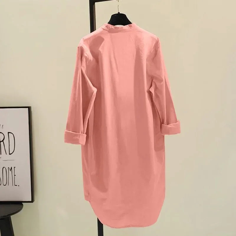 Elegant Cotton Linen Women’s Mid-Length Shirt – Casual Commuter Style - Evallys.com