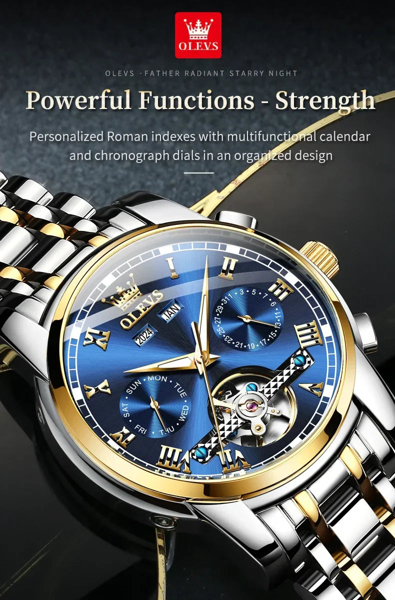OLEVS Men's Watches Automatic Mechanical Business Wristwatch Waterproof Stainless Steel Strap Watch for Man Skeleton Calendar - Evallys.com